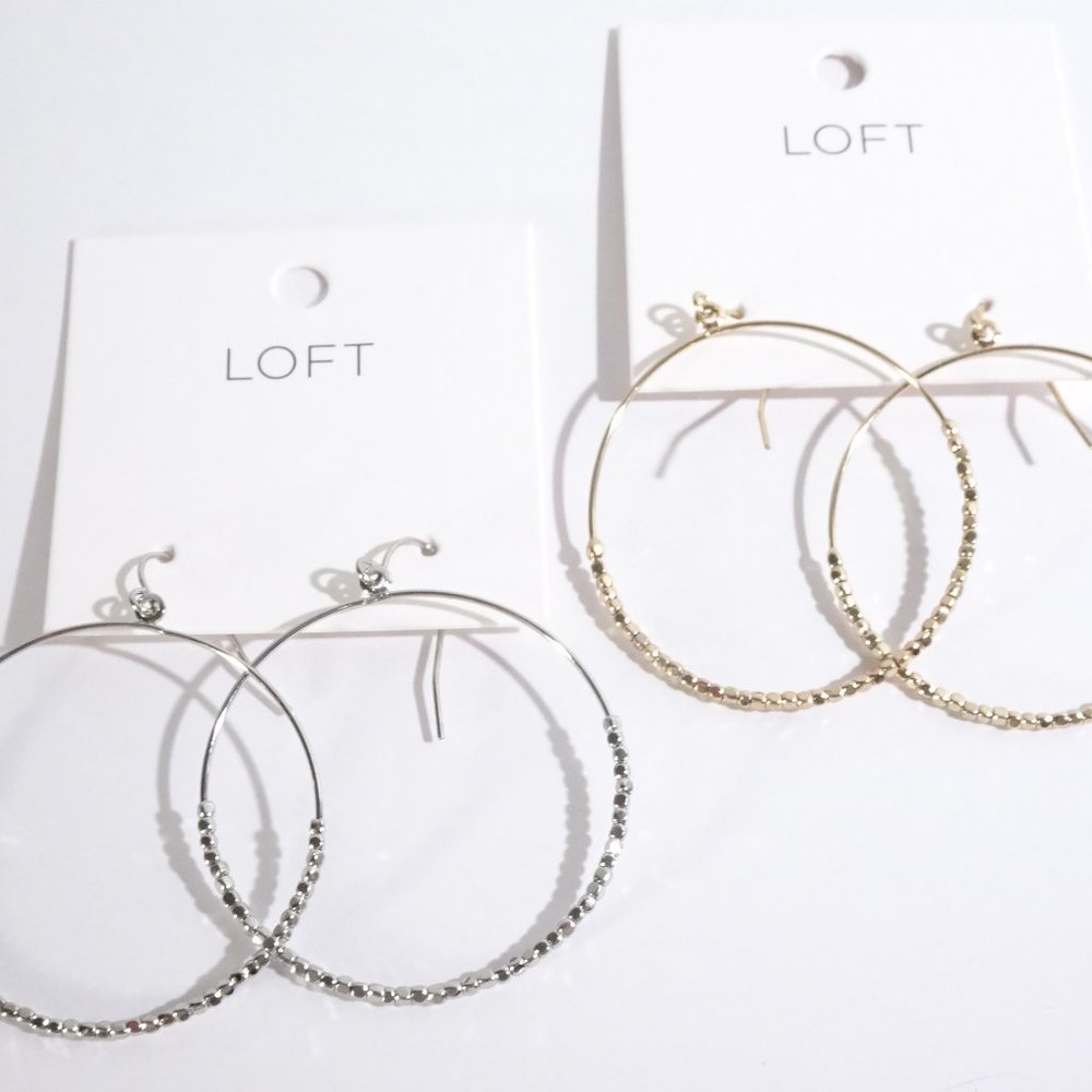 Ann Taylo LOFT Shimmer Hoop Drop Earrings NWT $24.5 Set 2 silver GOld